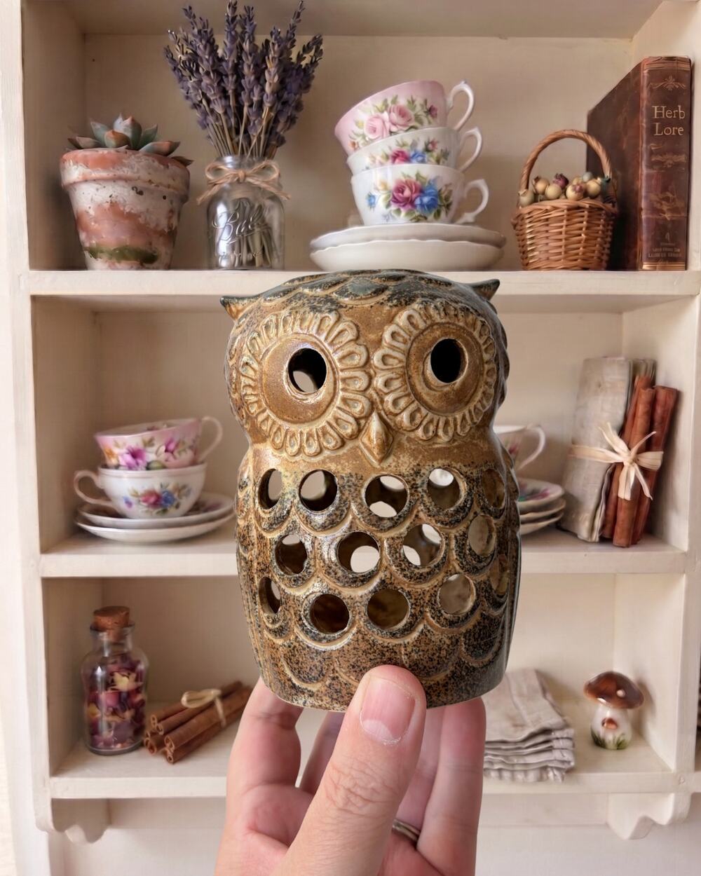 Vintage Ceramic 1970's Owl Luminary Tea Light Candle Holder